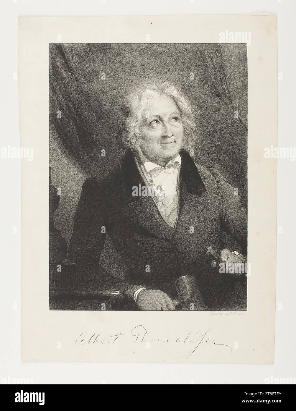 Portrait of Thorvaldsen, Hilmar Johannes Backer, No later than 1845, Graphic Art, Lithograph, Paper, Color, Printer's ink, Lithography, Printet, Height (paper size) 180 mm, Width (paper size) 130 mm, Steendr. van H.J. Backer, Albert Thorwaldsen, Graphic Design, European Stock Photo