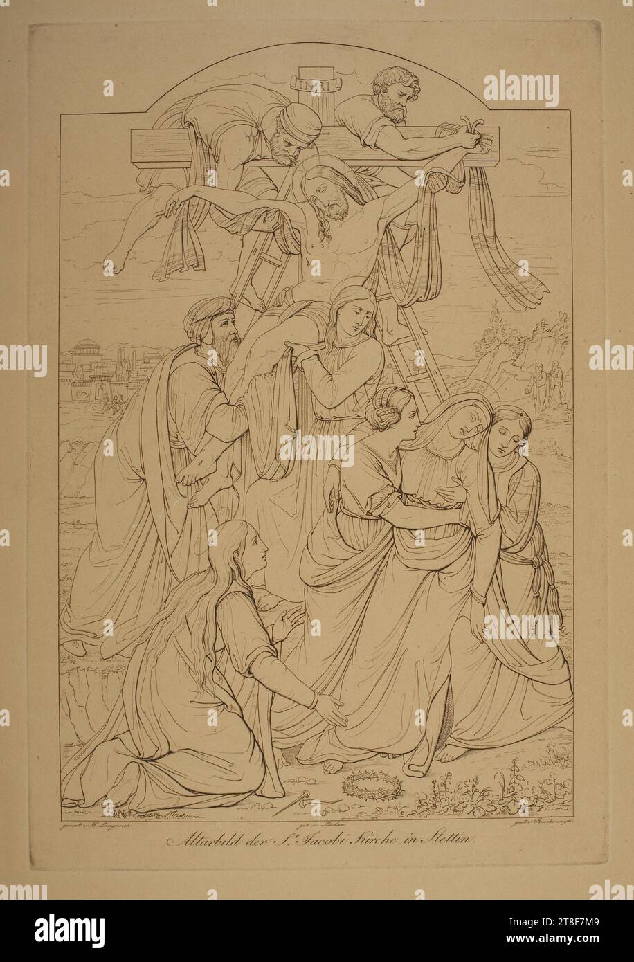 Descent from the Cross, Ferdinand Ruscheweyh, 1785-1846, No later than 1846, Graphic Art, Etching, Paper, Color, Printer's ink, Etching, Printet, Height (plate size) 335 mm, Height (paper size) 450 mm, Width (plate size) 230 mm, Width (paper size) 295 mm, gemalt v. H. Lengerich, gez. v. Lindau, gest. v. Ruscheweyh, Alterbild der S.t. Jacobi Kirche in Stettin., Graphic Design, European Stock Photo