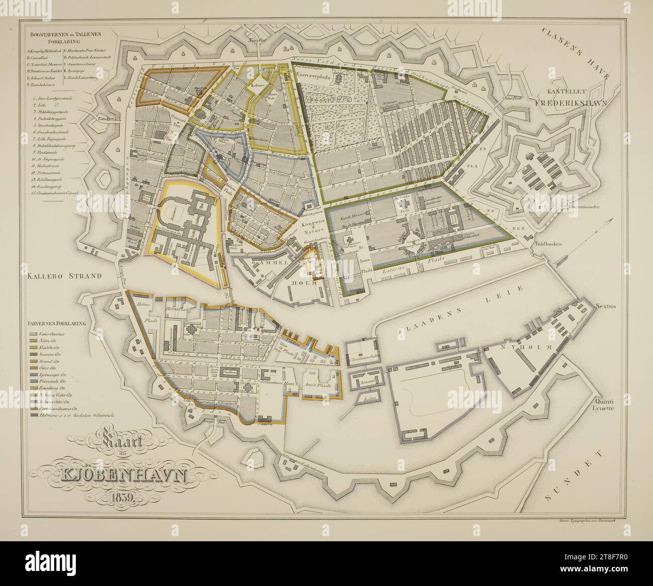 Map of Copenhagen 1839, 1874, Graphic Art, Lithograph, It was a small town of some 120,000 inhabitants to which Thorvaldsen returned in 1838. In addition to the Sound to the east, the city was defined by the ramparts, the jagged structures on the map, that defined its extent. The Town Hall Square is today at the absolute centre of the city. In 1838, on the other hand, it was outside the ramparts., Paper, Color, Printer's ink, Lithography, Printet, Height (paper size) 500 mm, Width (paper size) 620 mm, Trykt ved Geodætisk Institut 1874, Storms Topographie over Danmark, Graphic Design Stock Photo