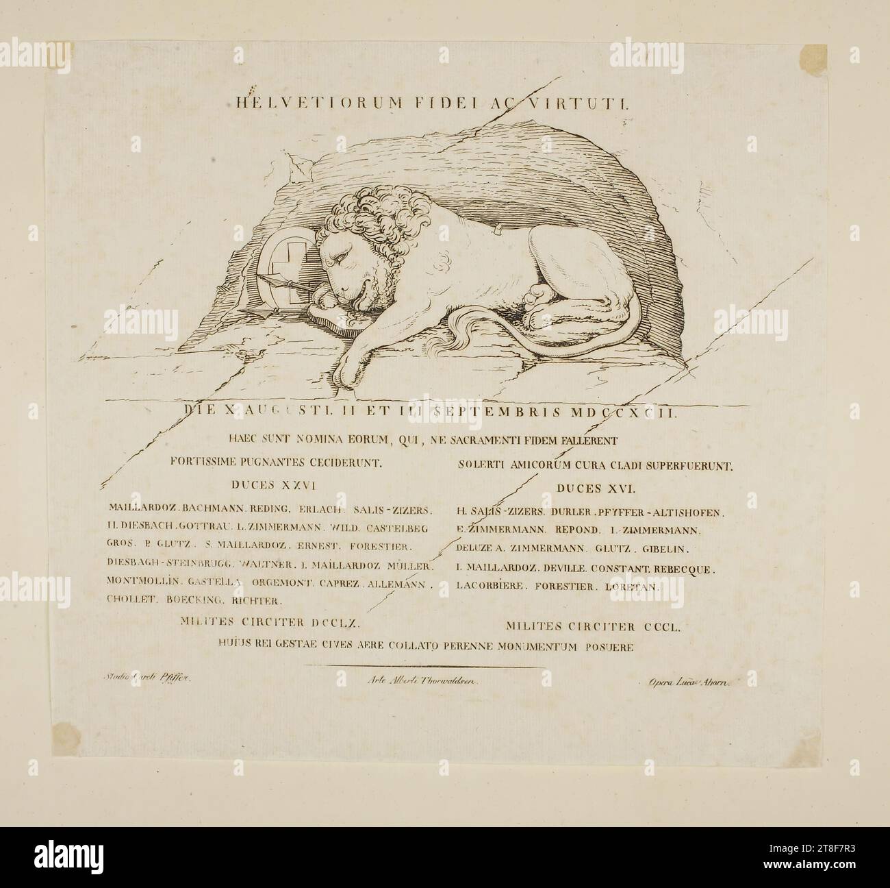 Dying Lion (The Lucerne Lion), No earlier than 1821 - No later than 1900, Graphic Art, Lithograph, Paper, Color, Printer's ink, Lithography, Printet, Height (plate size?) 238 mm, Width (plate size?) 260 mm, HELVETIORUM FIDEI AC VIRTUTI, DIE X AUGUSTI. II ET III SEPTEMBRIS MDCCXCII, Studio Caroli Pfeiffer, Arte Alberti Thorwaldsen, Opere Luca Ahorn, Graphic Design, European Stock Photo