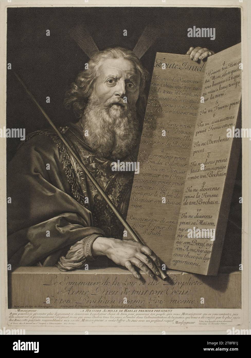 Moses Presenting the Tablets of the Law, Robert Nanteuil, 1699, Graphic Art, Copper Engraving, 'Hear,O Israel' is the heading to the tablets that Moses is holding; this is followed by the Ten Commandments, all in large, easily read lettering. It was typical of Philippe de Champaigne (1602-74) that he should provide his human figures with detailed facial features. The aging, wrinkled Moses is an example of this. Champaigne also emphasises Moses’ rich spiritual life as opposed to his undemanding worldly existence. The elegant apparel is in contrast to Moses’ filthy finger nails., Paper Stock Photo