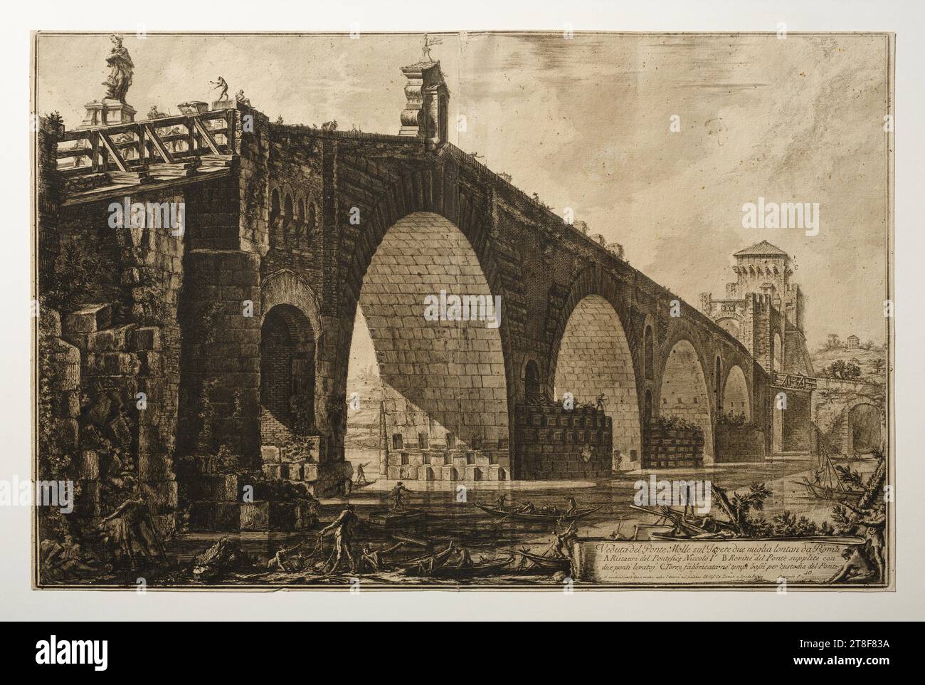 View of Ponte Molle, Giovanni Battista Piranesi, 1762, Graphic Art, Etching, Dramatic is the word to be applied to this view of the Ponte Molle, the bridge which, according to the text accompanying Giovanni Battista Piranesi’s etching, crosses the Tiber 'due miglio lontan a Roma', or two Roman miles – about 3 kilometres – from Rome. The dramatic effect derives partly from the fact that Piranesi has created his view of the bridge as though it is seen completely from below, in a 'worm’s eye view' Stock Photo