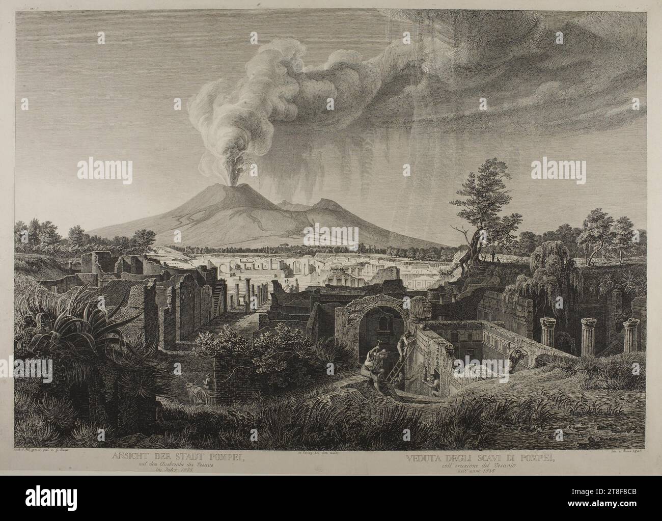 Pompeii with View of Vesuvius in Eruption 1838, Georg Heinrich Busse, 1840, Graphic Art, Etching, On 24 August 79 Stock Photo