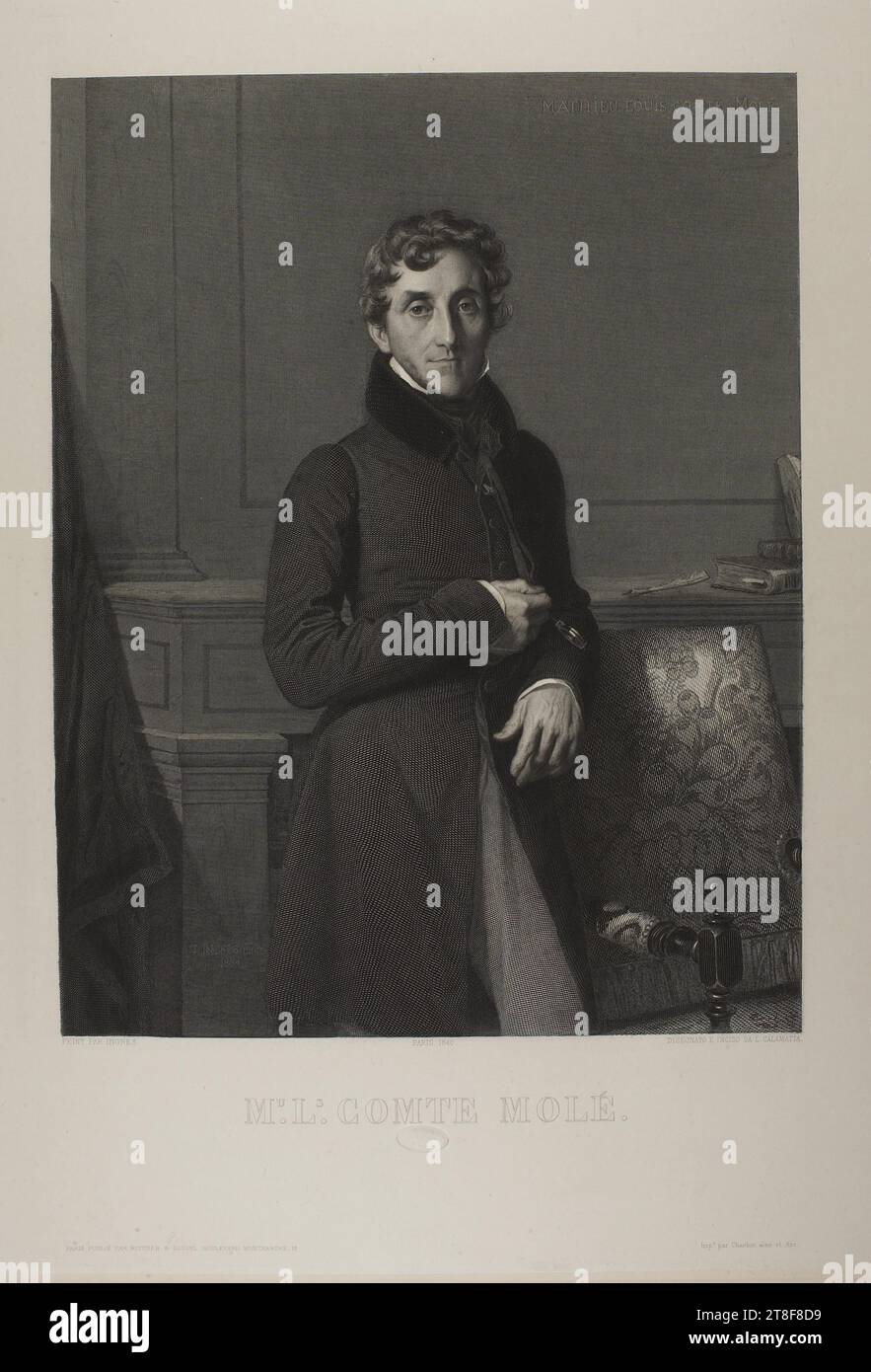 Count Molé, Luigi Calamatta, 1801-1868, 1840, Graphic Art, Copper Engraving, When Jean-Auguste-Dominique Ingres (1780-1867) painted the portrait of Mathieu Louis Count Molé (1781-1855) in 1834, only a few months were to elapse before Molé became his country’s Minister of Foreign Affairs. It was also part of his political career that in 1813, at the age of only 32, he became Minister of Justice. In the picture Stock Photo