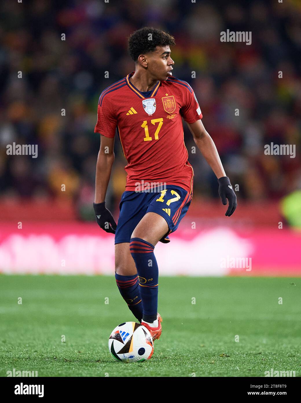 Lamine Yamal of Spain in action during the UEFA Euro 2024 Qualifying