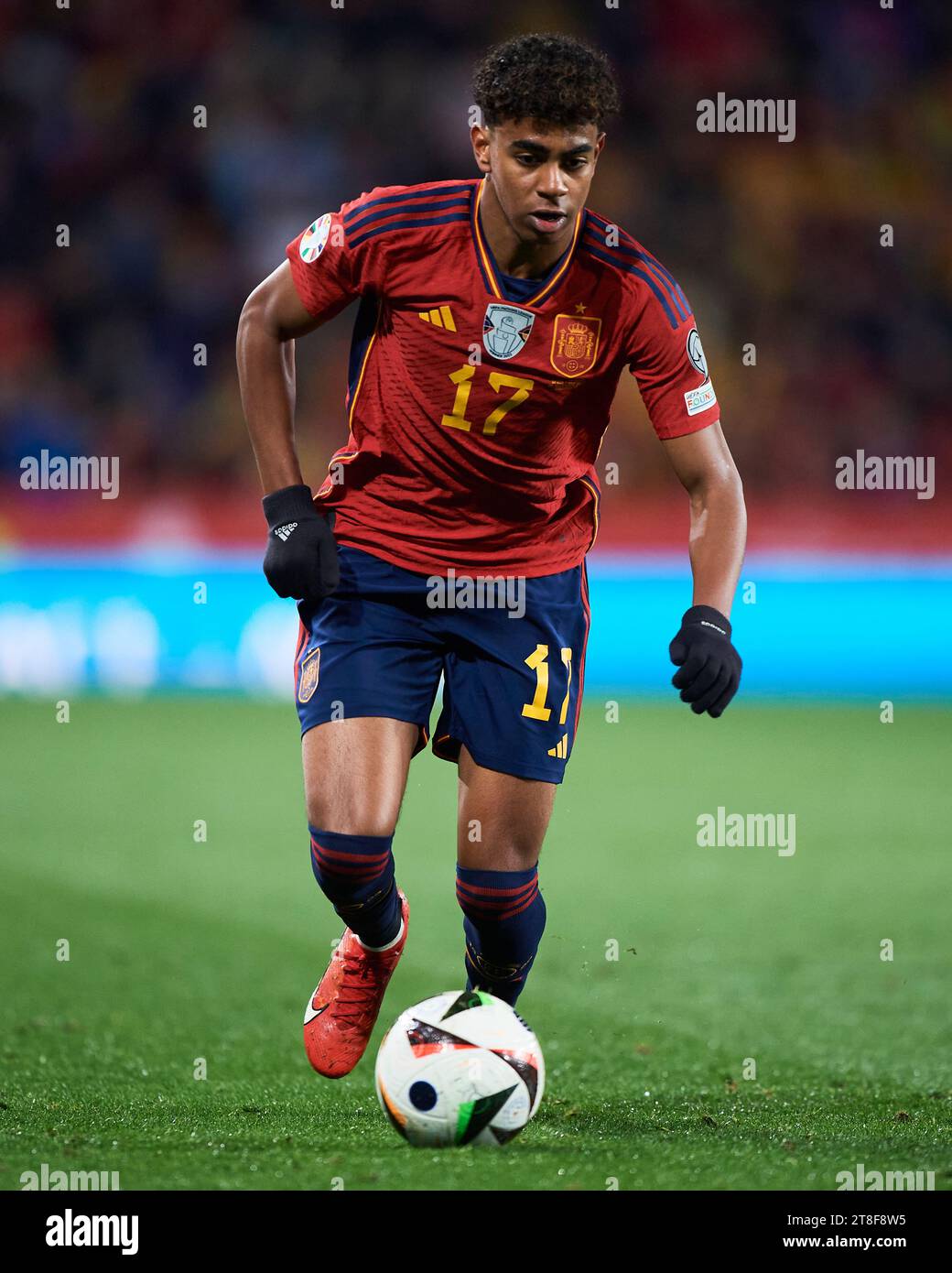 Lamine Yamal of Spain in action during the UEFA Euro 2024 Qualifying