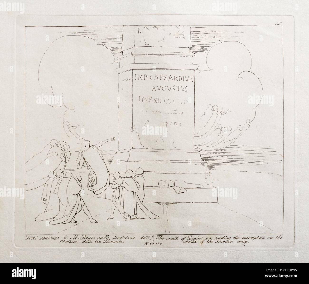 Strong sentences of M. Brutus on the isorization of the Obelisk of the Via Flaminia, Vincenzo Gaiassi, 1801-1861, 1832, Graphic Art, Etching, Paper, Color, Printer's ink, Etching, Printet, Height (plate size) 140 mm, Height (paper size) 295 mm, Width (plate size) 170 mm, Width (paper size) 435 mm, 36., Forti sentenze di M. Bruto sulla isorizione dell'Obelisco della via Flaminia., The wrath of Brutus on reading the inscription on the Obelisk of the Flavian way., N.VI. C.I., Graphic Design, European, Modernity (1800 - 1914 Stock Photo