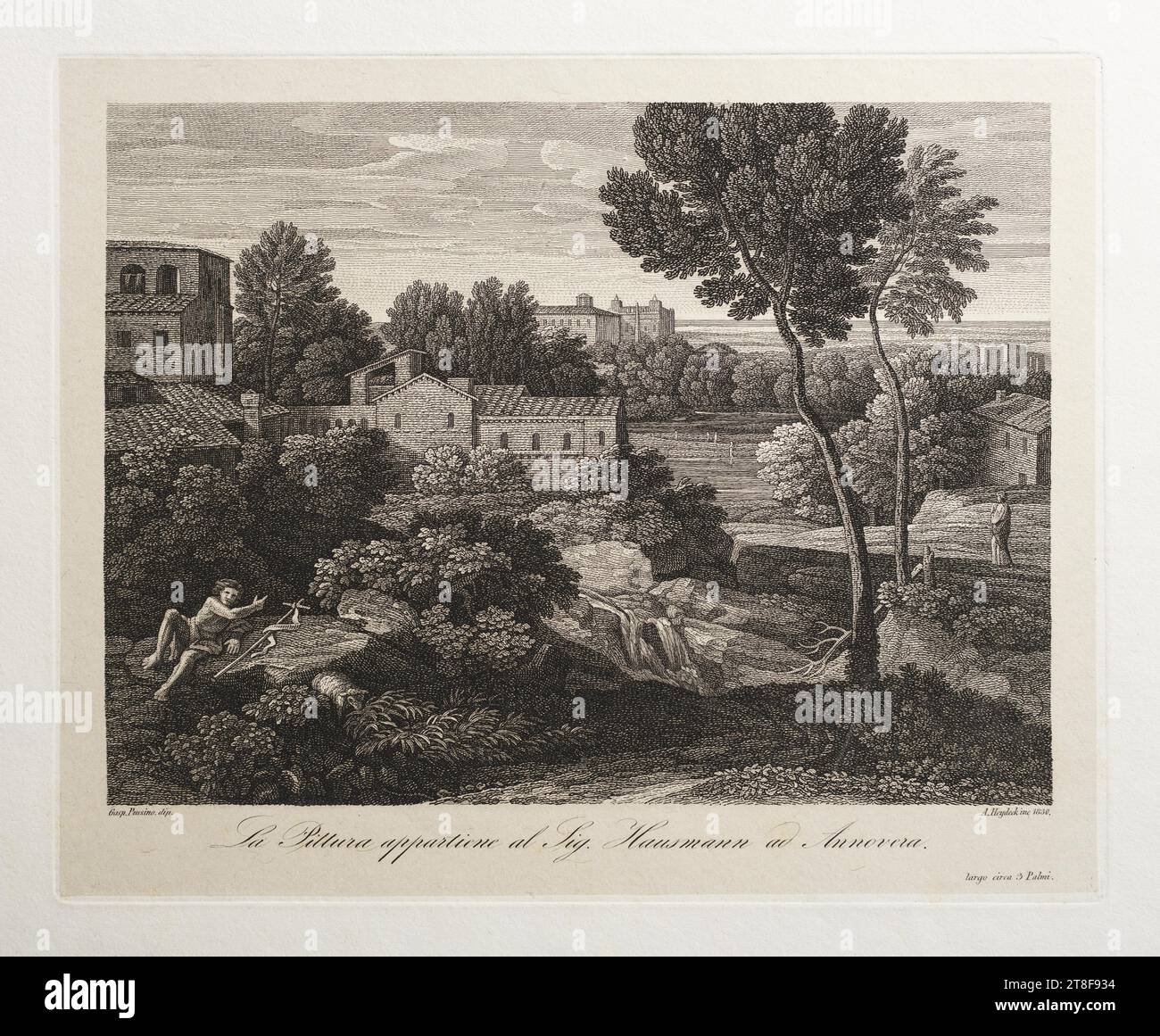 Landscape with John the Baptist, Adolf von Heydeck, 1830, Graphic Art, Copper Engraving, Paper, Color, Printer's ink, Copper engraving, Printet, Height (plate size?) 197 mm, Width (plate size?) 244 mm, Gasp.Pussino dip., A.Heydeck nc 1830, La Pittura appartiene al Sig. Hausmann ad Annovera., largo circa 3 Palmi, Graphic Design, European, Modernity (1800 - 1914 Stock Photo
