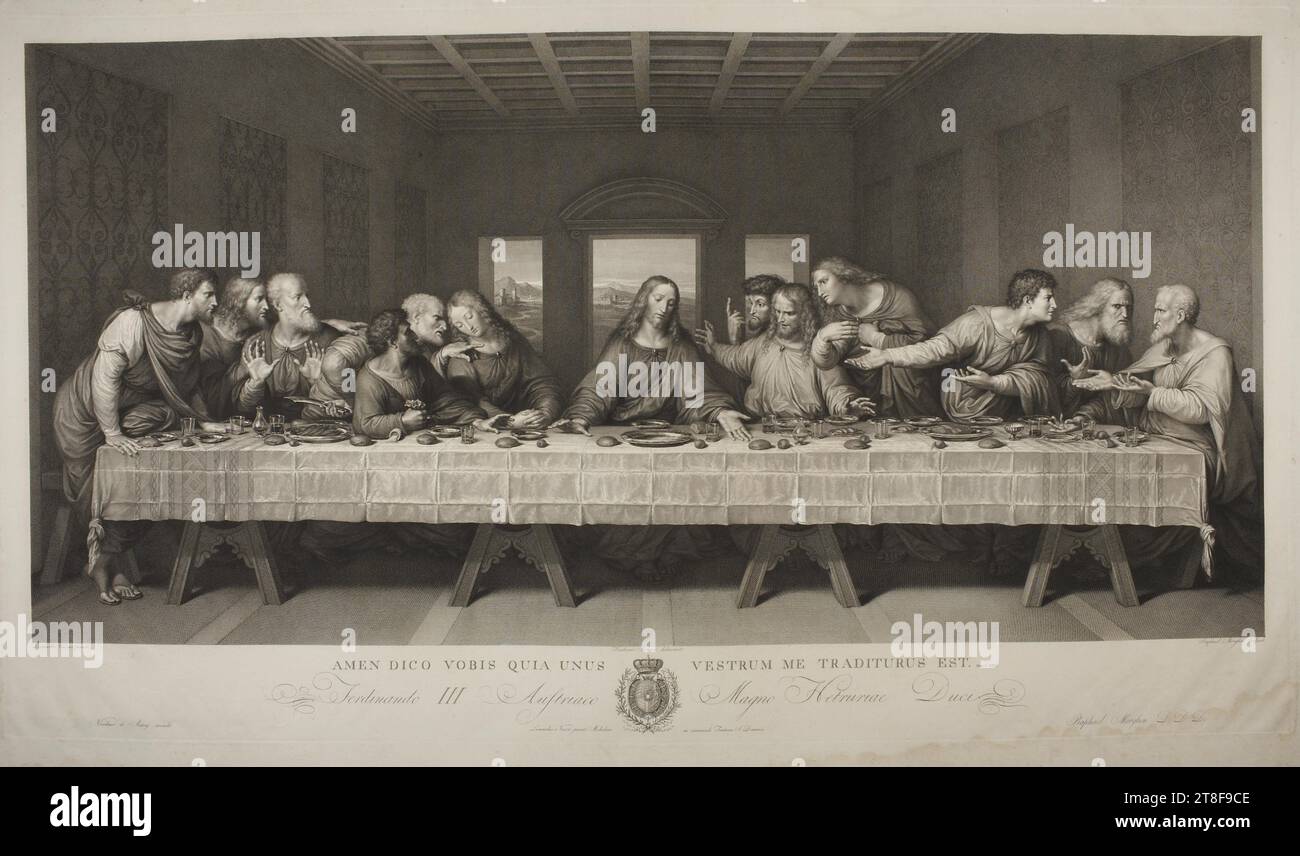 The Last Supper, Raphael Morghen, 1758-1833, 1800, Graphic Art, Copper Engraving, During the feast of the Passover, Jesus said, 'one of you shall betray me'. (Matthew 26, 21) Leonardo da Vinci’s (1452-1519), The Last Supper, in Santa Maria delle Grazie in Milan, shows Jesus sitting in the middle with six disciples on either side. With their body language, hand movements and facial expressions, all twelve express their reaction to what has just been said. Judas, who was soon to betray Jesus, is seen as number three on the left of Jesus. Leaning across the table Stock Photo