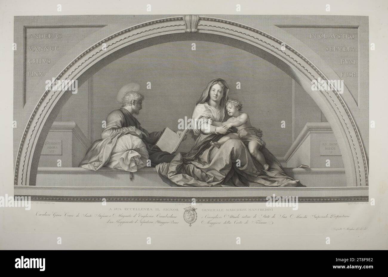 The Holy Family, Raphael Morghen, 1758-1833, No later than 1833, Graphic Art, Copper Engraving, Paper, Color, Printer's ink, Copper engraving, Printet, Height (plate size) 460 mm, Height (paper size) 570 mm, Width (plate size) 775 mm, Width (paper size) 885 mm, ANDREAS VANNUC, HINIVS, PINX., IN CLAVSTRO, SERVITO, RVM, FLOR, QVE GENVIT, ADORA, VIT, AN. DOM, MDXX, V, Andreas Vannucchuis pinx.t: vulgo dicto And. del Sarto, Theodore Matteini delin, Raphael Morghen Sculp: Flor:, A SUA ECCELLENZA IL SIGNOR GENERALE MARCHESE MANFREDINI, Cavaliere Gran Croce di Santo Stefane Stock Photo