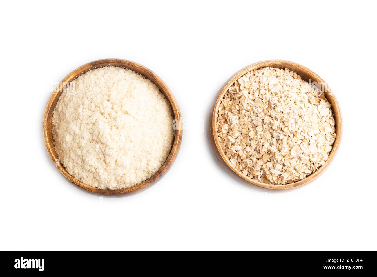 Powdered milk and oatmeal baby food mix, infant formula isolated on white background. Top view