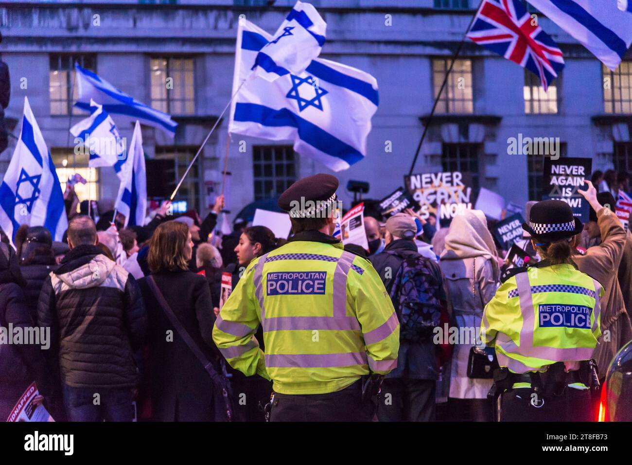'Never Again Is Now' a prayer and protest event held in Whitehall to express solidarity with the Jewish people and to stand up against anti-Semitism, Stock Photo