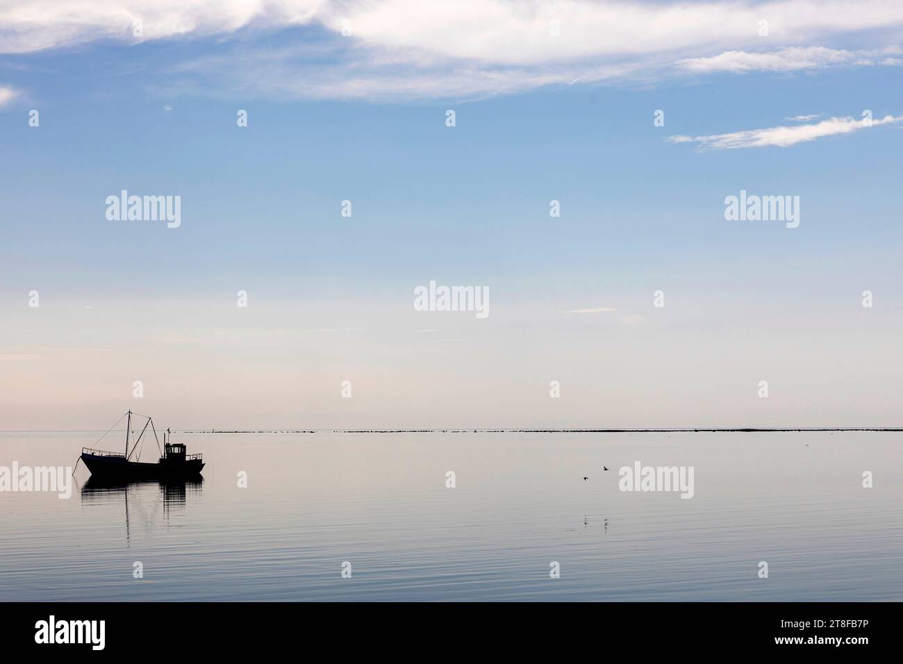 Silhouette of a traditional wooden fishing boat in a lagoon on Saaremaa island in Estonia Stock Photo
