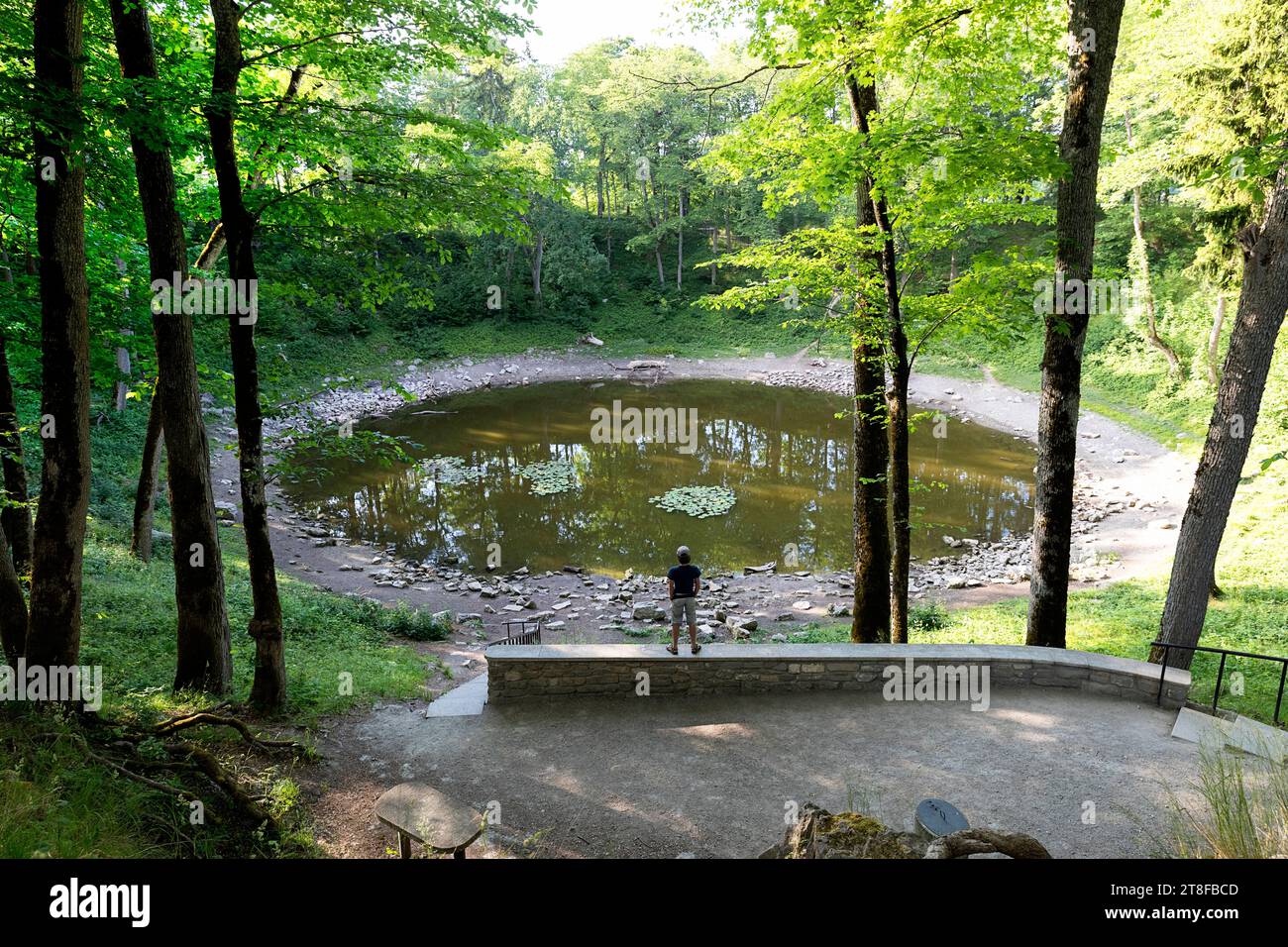 Tourist standing at the Kaali Kraater, a meteorite crater surrounded with forest in the village of Kaali on the Estonian island of Saaremaa, Estonia Stock Photo
