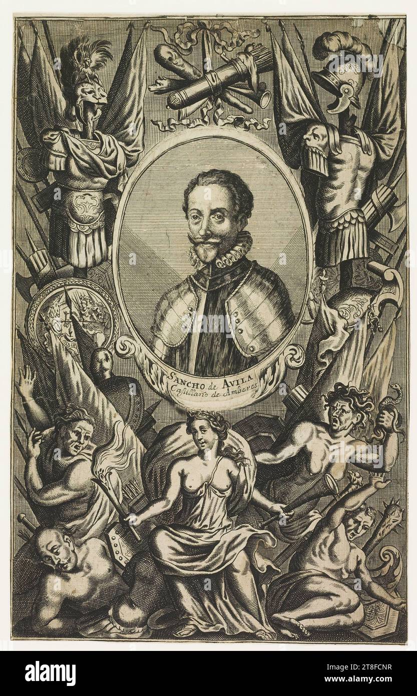 Possible graphic artist Gaspar Bouttats I (c. 1640-1695,1696). Portrait of man in medallion. At top left and right armor. Below allegorical figures. SANCHO de AVILA, Caslillaño de Amberes Stock Photo