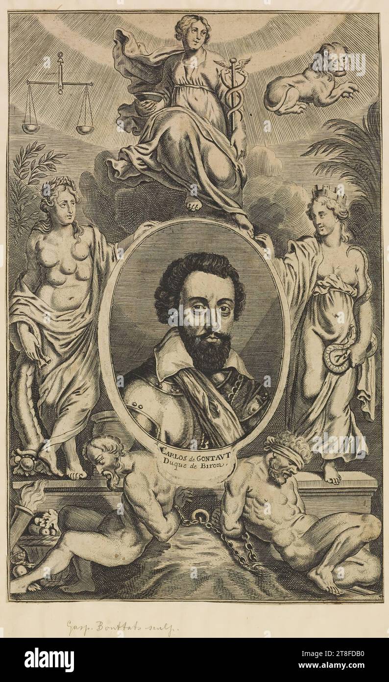possibly made by Gaspar Bouttats (ca. 1640-1695,96), portrait surrounded by allegorical figures. CARLOS de GONTAVT Duque de Biron Stock Photo
