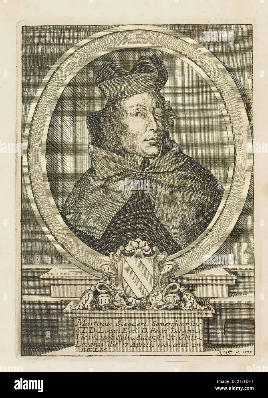 Portrait of a man with one eye. Below a pedestal crowned with a coat of arms. Martinus Steyaert, Somerghemius,S.T.D. Lovan.ECCL.D.PEtri Decanus,Vicar.Apost.Sylvaeducensis vc.OBiit,Lovanii die 17 Aprilis 1701. aetat.an-,no: LV. Krafft Sc. 1735 Stock Photo
