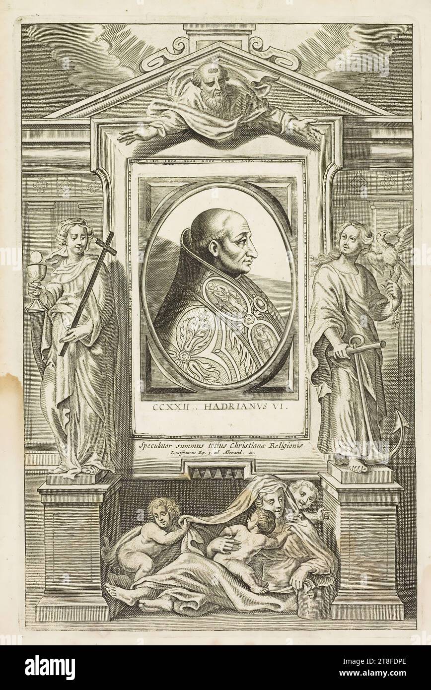 Portrait surrounded with architectural elements and allegorical figures. 222 Hadrian VI. The supreme spy of the whole Christian religion, Lanfrancus Ep. 3. to Alexander. 11. illustration from: P. Cornelius HAZART: Triumph of the popes of Rome over all ..., Vol.3, f. 193 Stock Photo