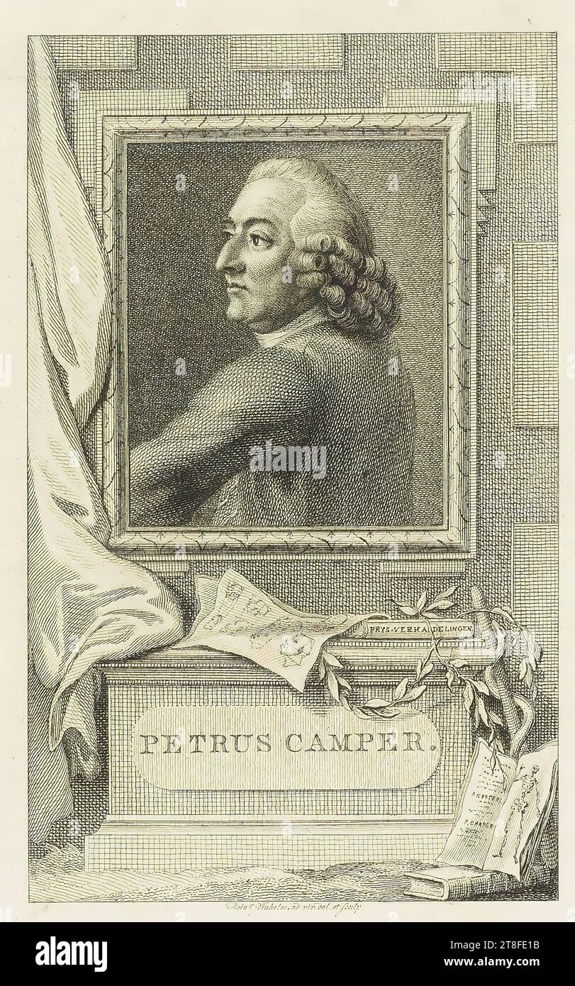 Portrait of man with notes, images, books and a snake at bottom. PETRUS CAMPER. Reinier Vinkeles, ad viv. del. et sculp Stock Photo