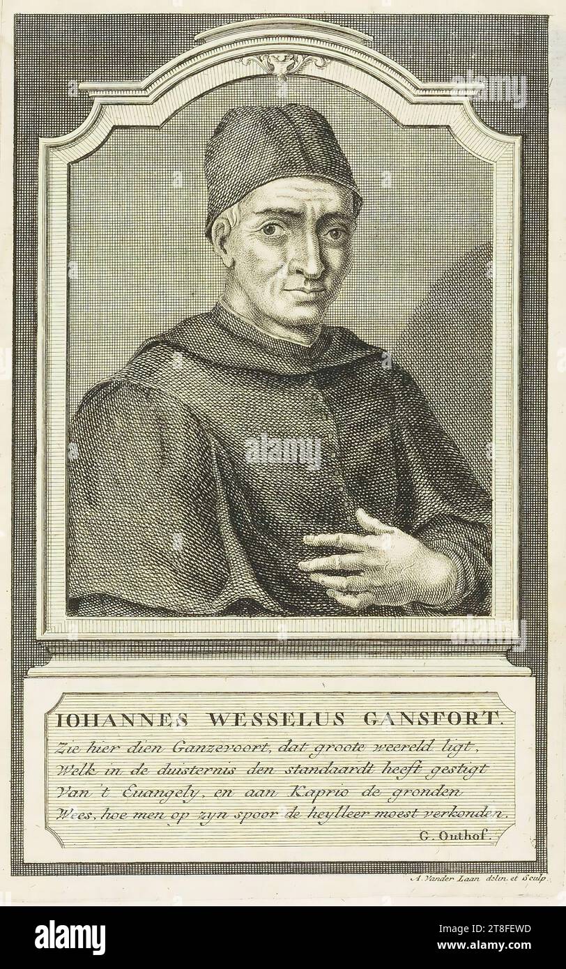 IOHANNES WESSELUS GANSFORT. Behold here that Ganzevoort, that great world lies, Which in the darkness has set up the standard, Of the Evangely, and to Kaprio the grounds, Be, how on its track one should proclaim the heyl doctrine, G. Outhof. A. Vander Laan delin. et Sculp Stock Photo