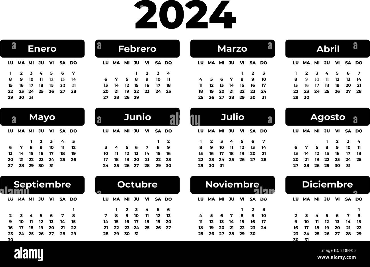 Spanish horizontal rectangular black calendar for 2024 year. White  background. Isolated vector image. Illustration template for design,  planner Stock Vector Image & Art - Alamy