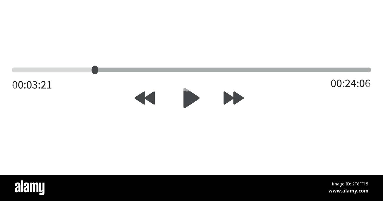 Video play bar display interface. Audio player progress for podcast, misic, radio. Vector slider, play, rewind buttons jn white background. Stock Vector