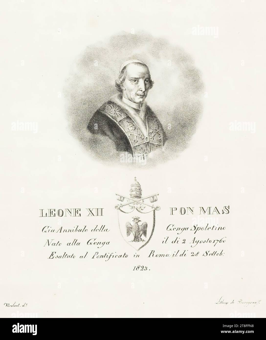 LEO XII PON MAS, Gia Annibale della Genga Spoletino, Born in Genga on 2 August 1760, Exalted to the Pontificate in Rome on 28 September, 1823. Vervloet. dt. Lithog: de Burggraaff Stock Photo