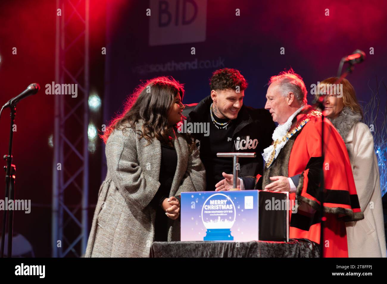 Dana Conway (Great British Bake Off) at the Southend on Sea Christmas lights switch-on event in the City's High Street, with JJ Slater & mayor Stock Photo