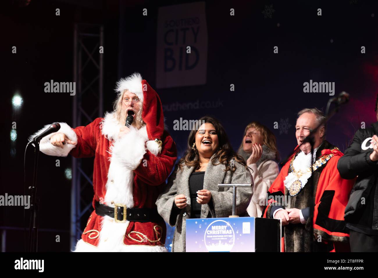 Dana Conway (Great British Bake Off) at the Southend on Sea Christmas lights switch-on event in the City's High Street with Santa Stock Photo
