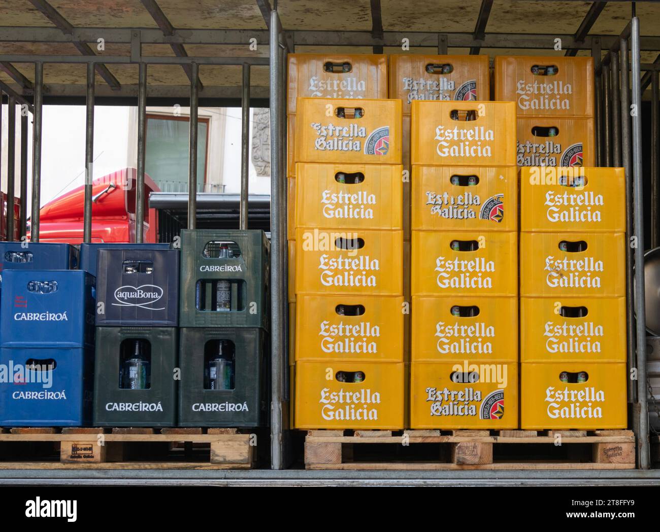 Crates of Estrella Galicia lager beer loaded on a lorry in Vigo Spain Stock Photo