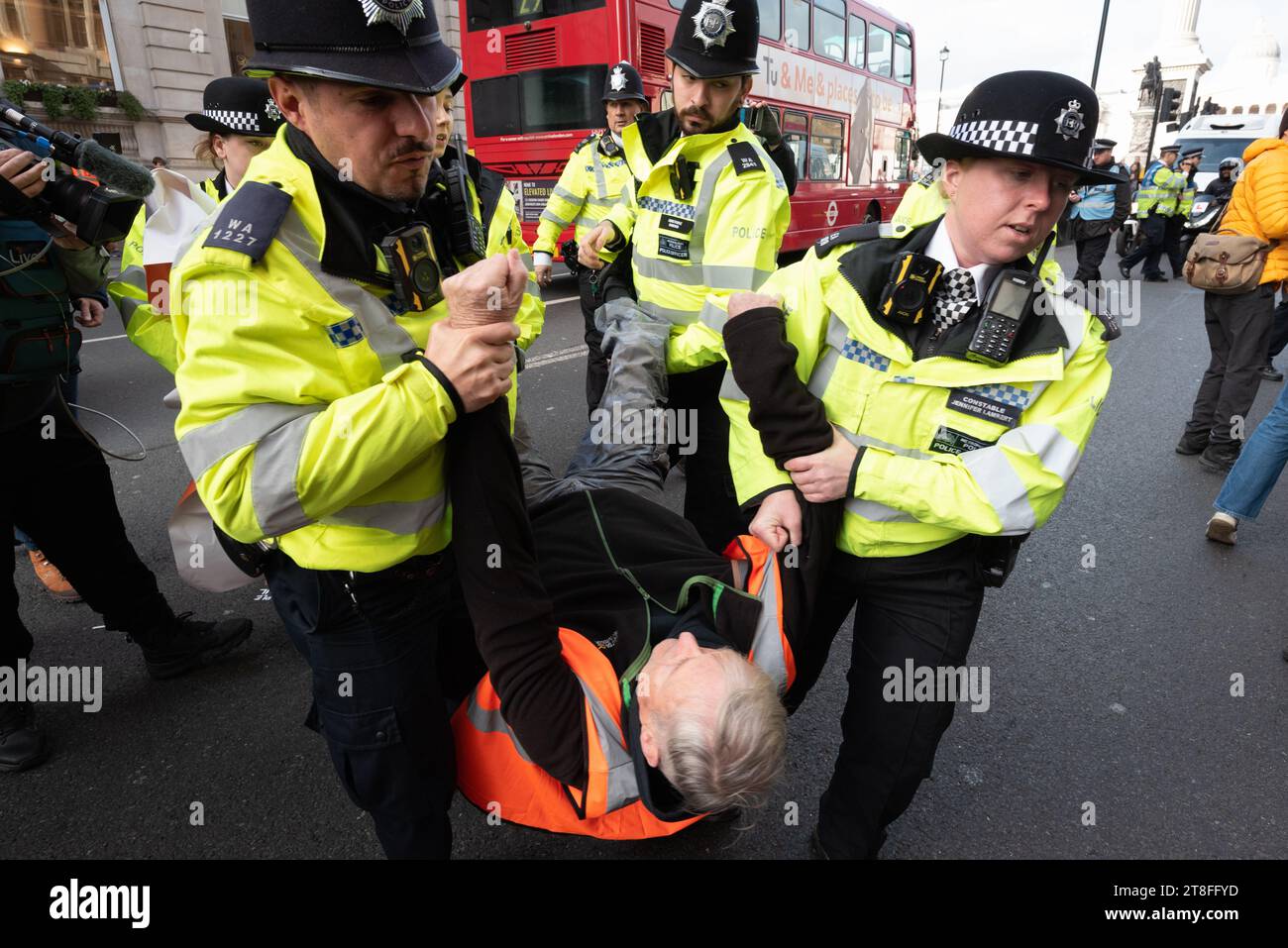 London, UK. 20 November, 2023. Climate activists from Just Stop Oil gather in Trafalgar Square before attempting to slow march down Whitehall demanding an end to new fossil fuel extraction licences amidst a climate emergency. Police rapidly issued a Section 7 notice, arresting those who refused to leave the road under new anti-protest powers in the Public Order Act. Credit: Ron Fassbender/Alamy Live News Stock Photo