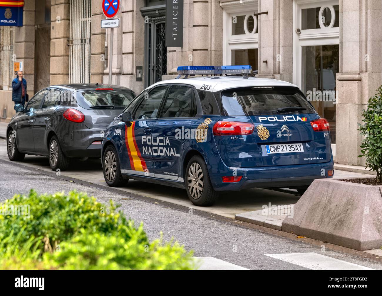 Vigo, Spain, Citroen Police car parked on pavement Policia car, Policia Nacional Stock Photo