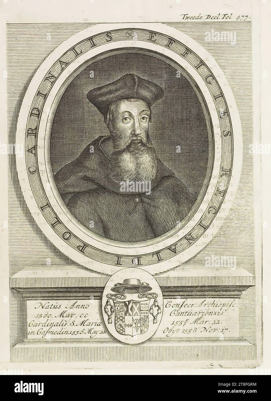 PORTRAIT OF REGINALDI POLI CARDINAL Born in the Year Consecr: Archiepisc:, 1500. May. cc of Cantuariensis, Cardinal of St. Mary 1555,6. Mar: 22., in Gosmedin 1536. May 22 Obyt 1558 Nov: 17. Second Volume Fol 477 Stock Photo
