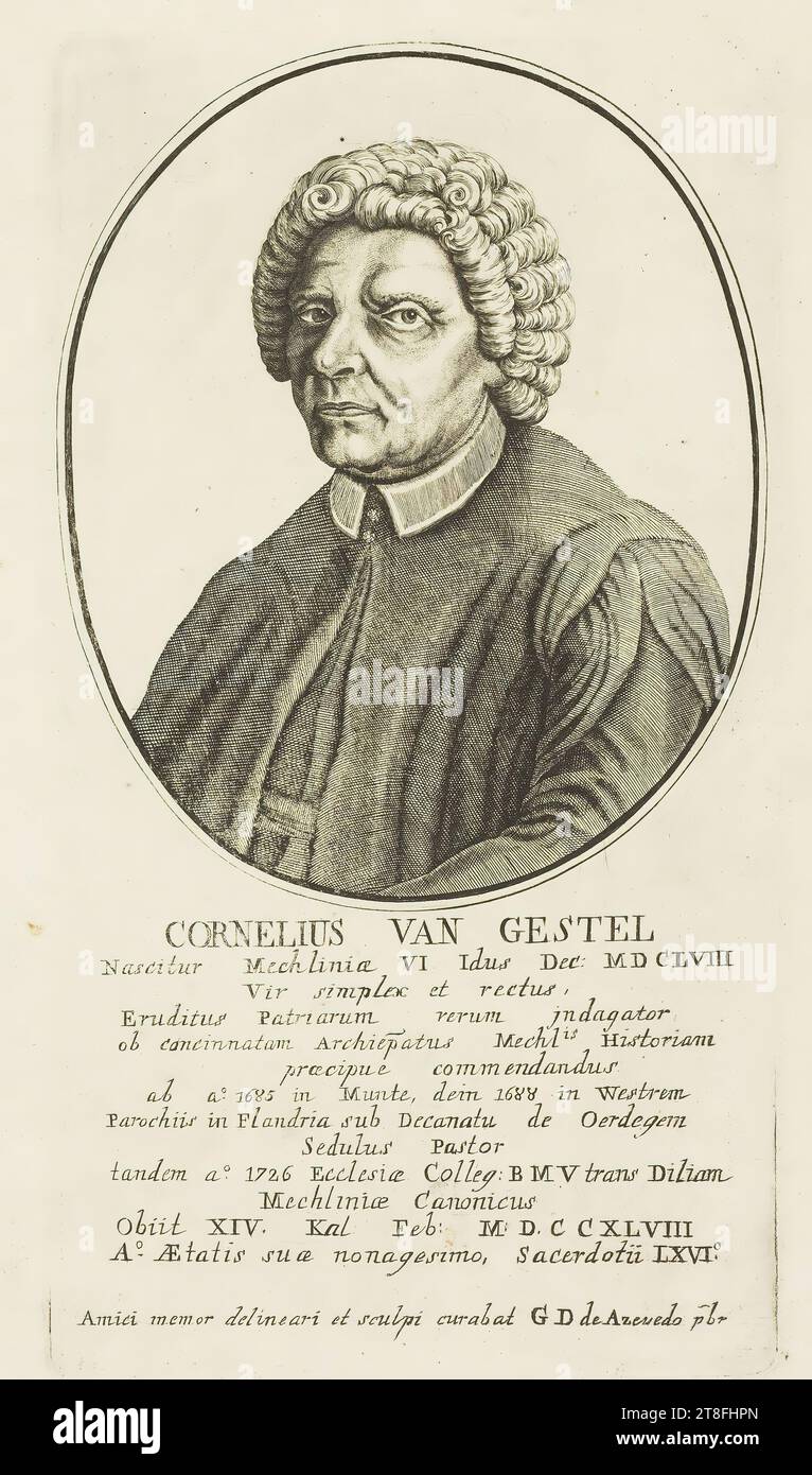 CORNELIUS VAN GESTEL, Born in Mechlinie 6 Idus Dec: MD 158, A simple and upright man, a true scholar of the Fatherland, for the cancinnat Archiepatus Mechlis History, to be especially commended, from a° 1685 in Munte, then in 1688 in Westre, Parishes in Flanders under the Deanate of Oerdegem, diligent Shepherd, at last 1726 Ecclesiae Colleg: B M V trans Dilia, Mechliniæ Canonicus, Obiit XIV. Kal Feb: M D C C 48, A°. In the ninetieth year of his age Stock Photo