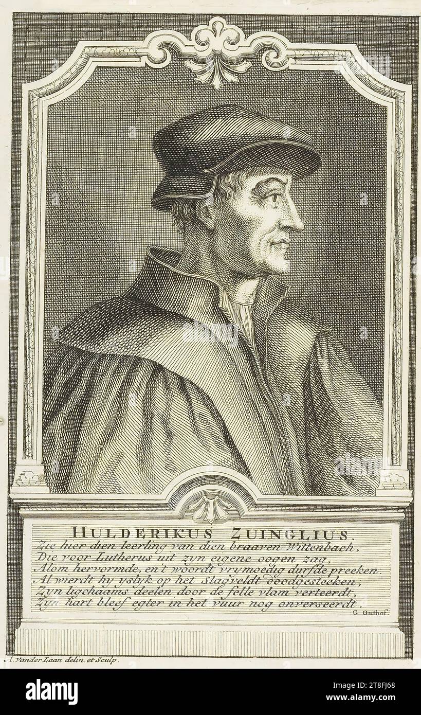 HULDERIKUS ZUINGLIUS., See here the pupil of that brave Wittenbach, Who saw for Lutherus out of his own eyes, Reformed everywhere, and boldly dared to preach the word:, Although he was stabbed to death on the battlefield;, His body parts were consumed by the fierce flame, His heart remained unspoiled in his neighbor., G. Outhof. A. Vander Laan delin. et sculp Stock Photo