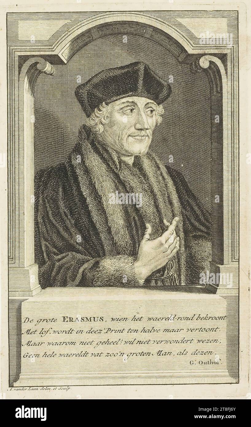 The great ERASMUS, whose waereldrond crowns, With praise, is shown in deez' Print at half-march., But why not wholly, will not be surprised;, No whole waereldt captures such a great Man, as this one., G. Outhof. A. vander Laan delin. et Sculp Stock Photo