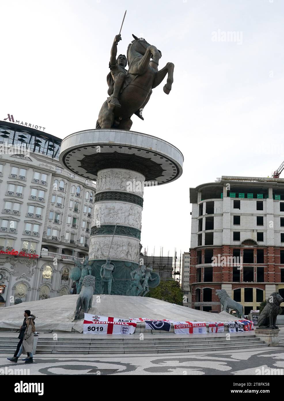 England flags at the base of the Alexander the Great Macedonian