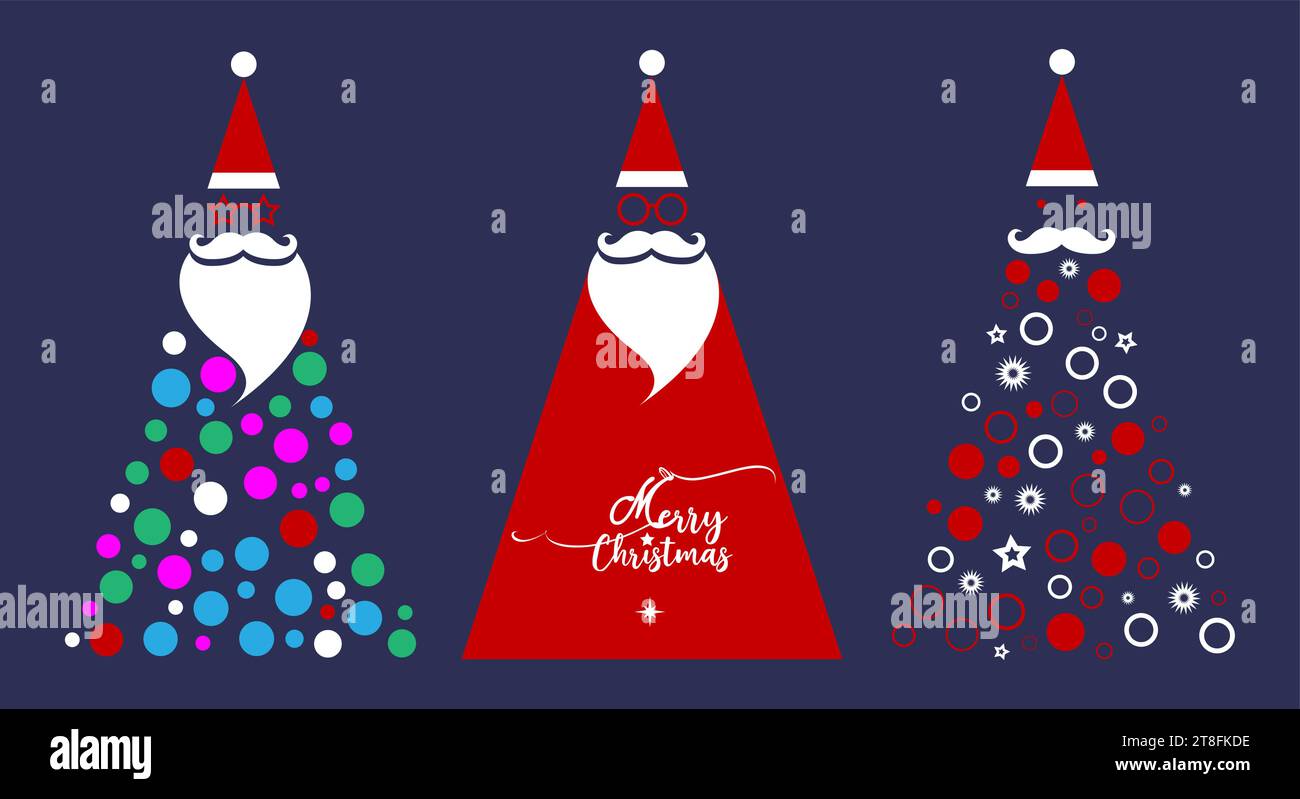 Santa Claus Christmas tree fashion hipster style set icons. Santa hats, moustache and beards, glasses. Xmas trees elements for your festive design Stock Vector