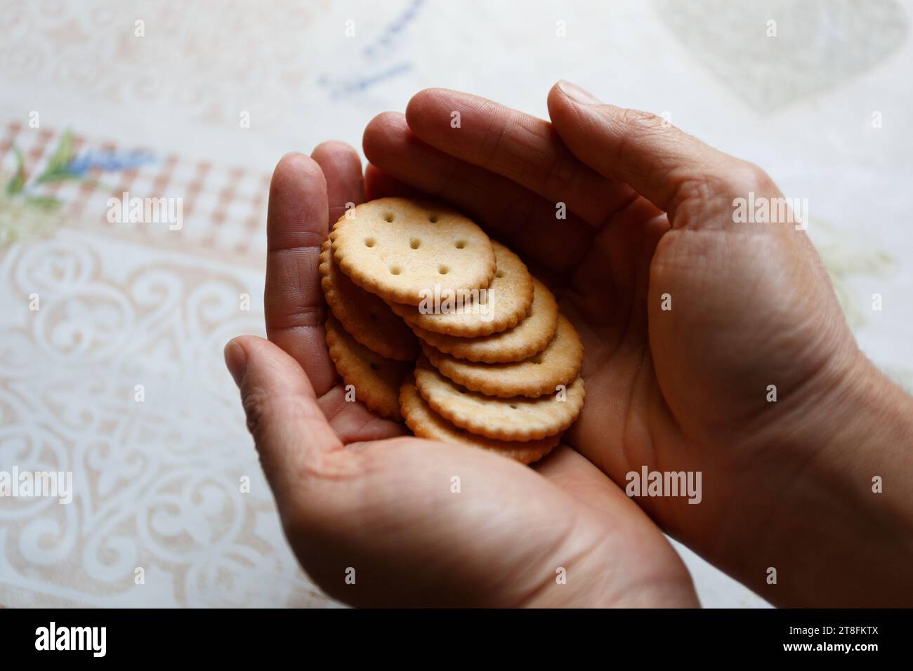 Cookie crackers with salt in arms close Stock Photo