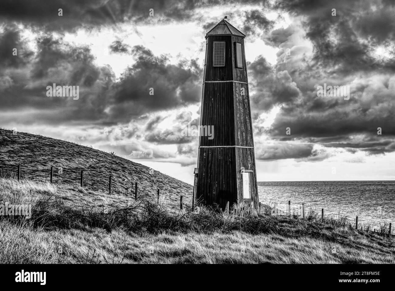 The Samphire Tower in a Black & white HDR tone, taken at Samphire Hoe nature reserve country park Dover Stock Photo