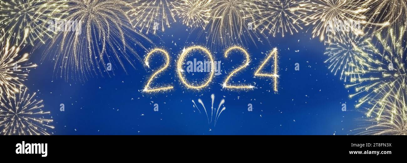 2024 Happy new year party. Fireworks in night sky on new year eve