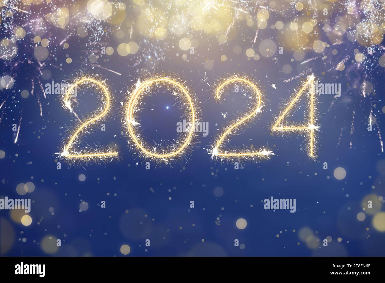 2024 Happy new year party. Fireworks in night sky on new year eve