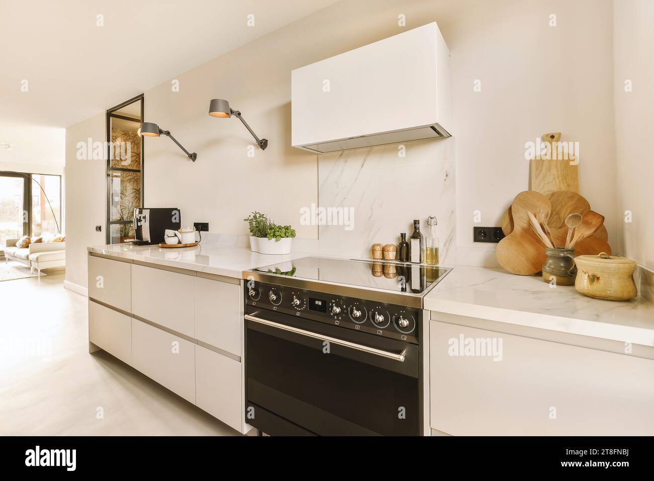 Rangehood over induction with microwave in lavish kitchen with cutting