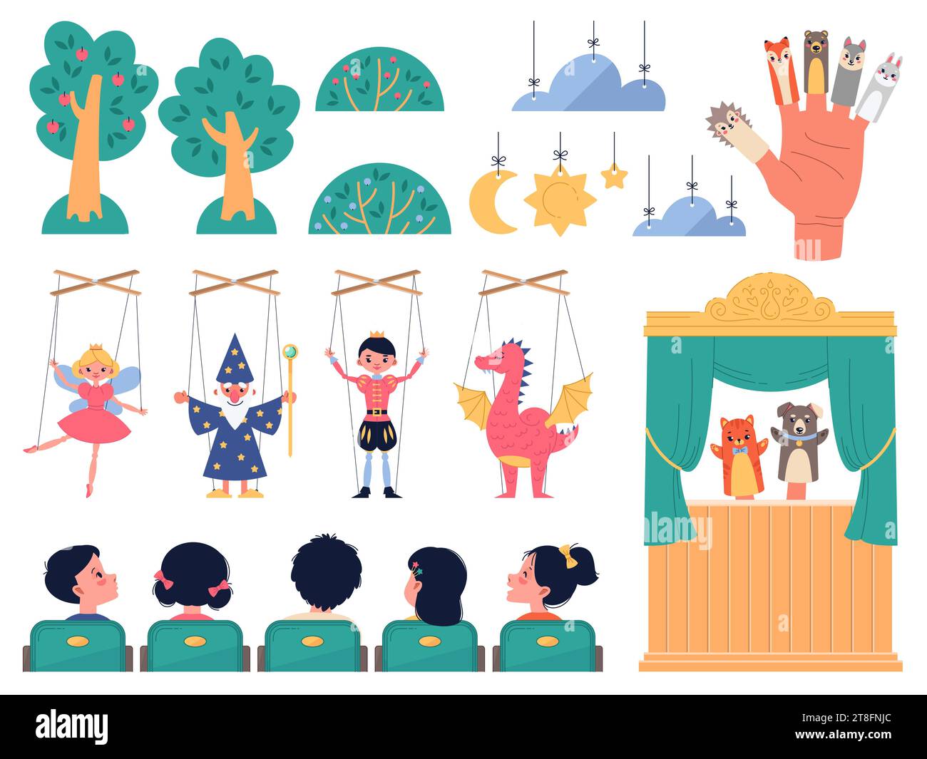 Cartoon puppet kids theater. elf, wizard and dragon, animals finger characters