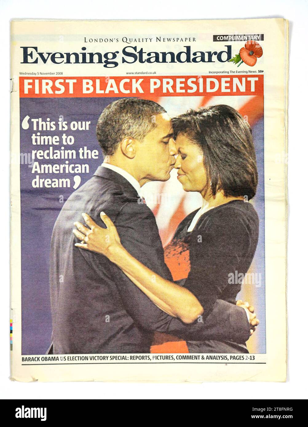 The Evening Standard newspaper. Barack Obama ,First black President cover  5th November 2008 Stock Photo