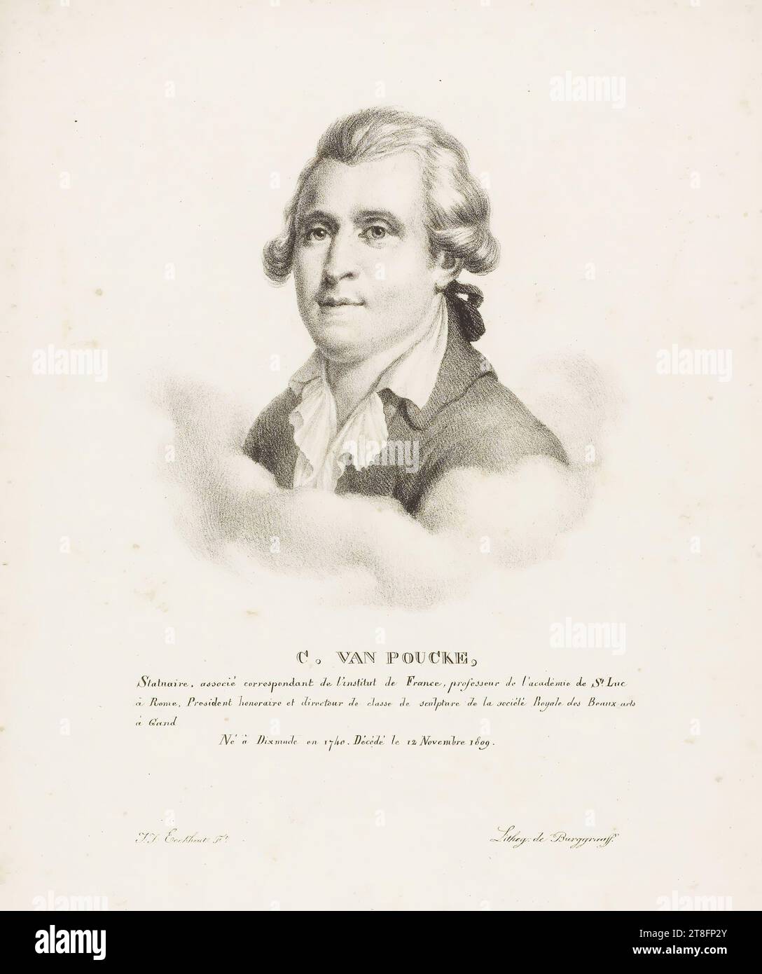 C. VAN POUCKE, Statnaire, corresponding associate of the Institut de France, professor of the Academy of St. Luc, in Rome, Honorary President and director of the sculpture class of the Royal Society of Fine Arts, in Ghent, Born in Dixmunde in 1740. Died November 12, 1809. J.J. Eeckhout Ft. Lithog: de Burggraaff. illustration from: Collection of portraits of modern artists, born in the Kingdom of the Netherlands, drawn from nature by J. J. Eeckhout, and lithographed by G. P. Van den Burggraaff. Brussels 1822 Stock Photo