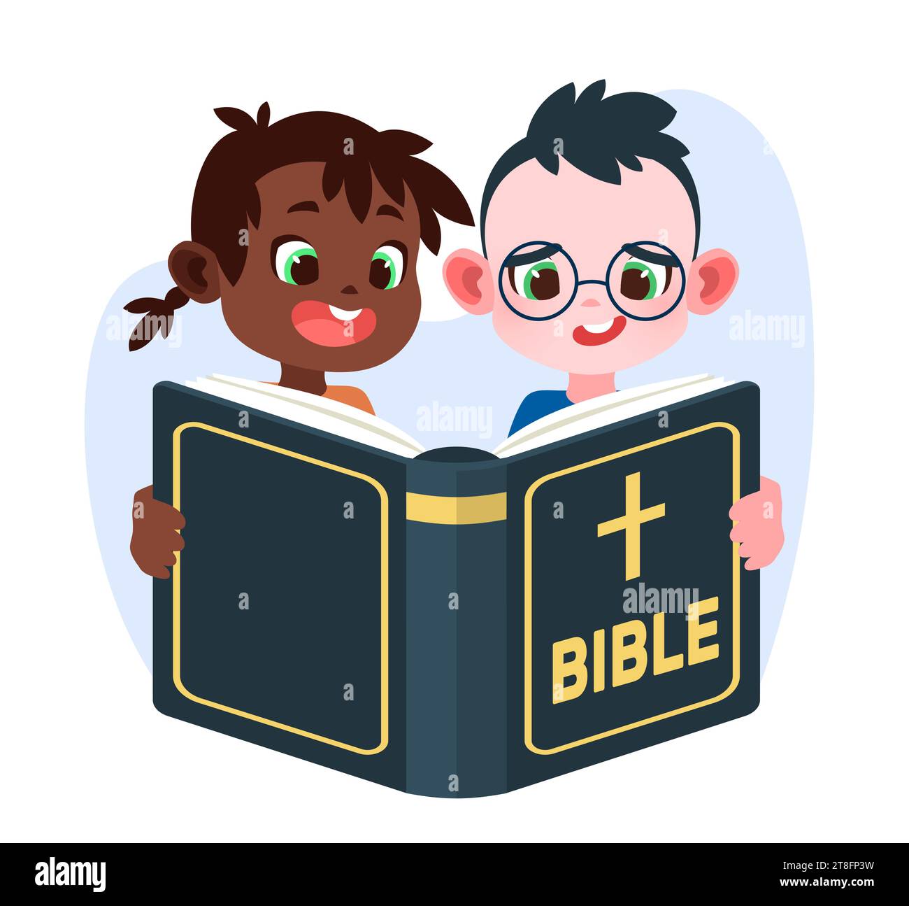 Children reading bible. Boy and girl hold holy book. Young readers