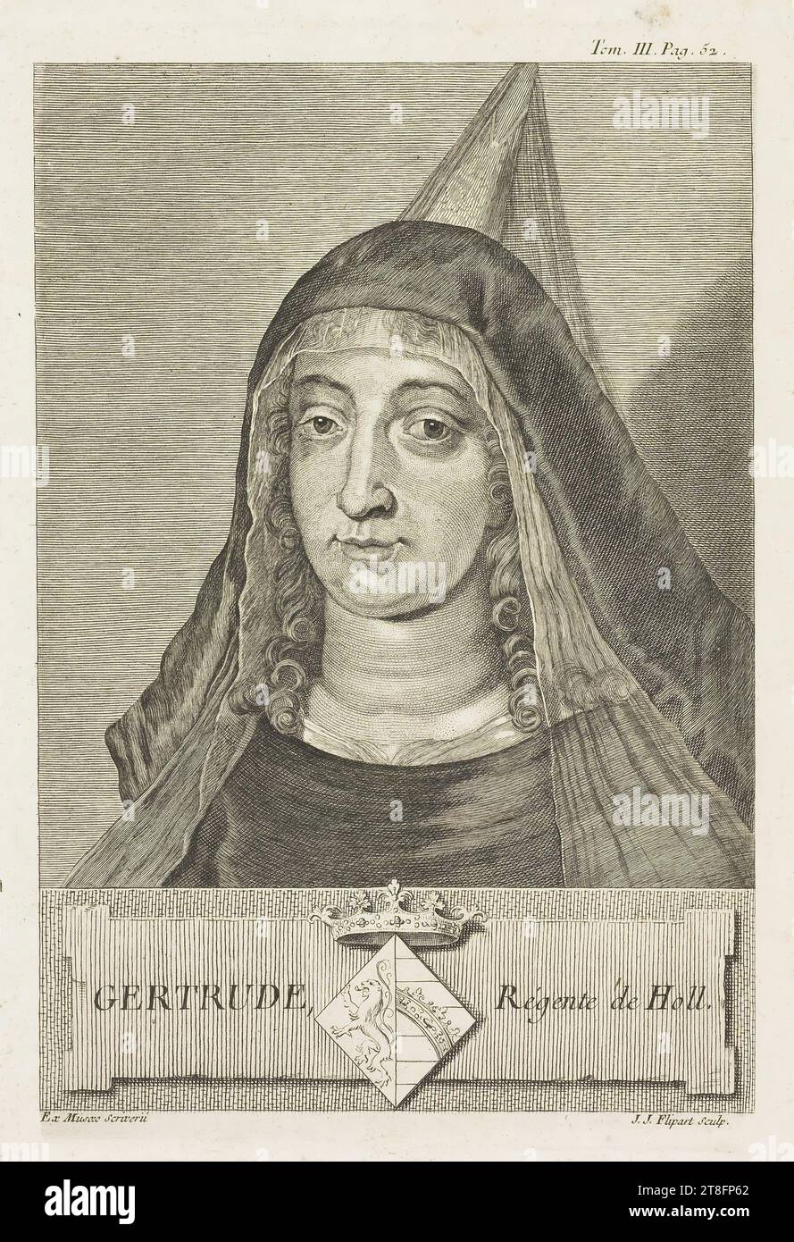 GERTRUDE, Regent of Holl. Tom. III. Pag. 52 Ex. Museum of Writing. J.J. Flipart Sculp Stock Photo