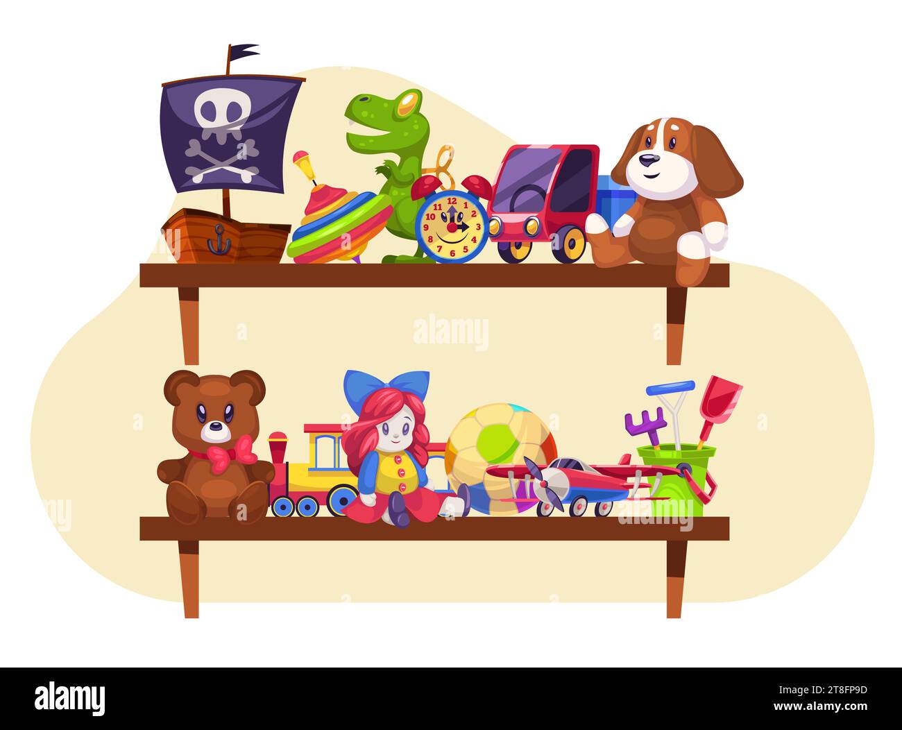 Childrens toys on shelves in room. Pirate ship, doll and cars. Dino and