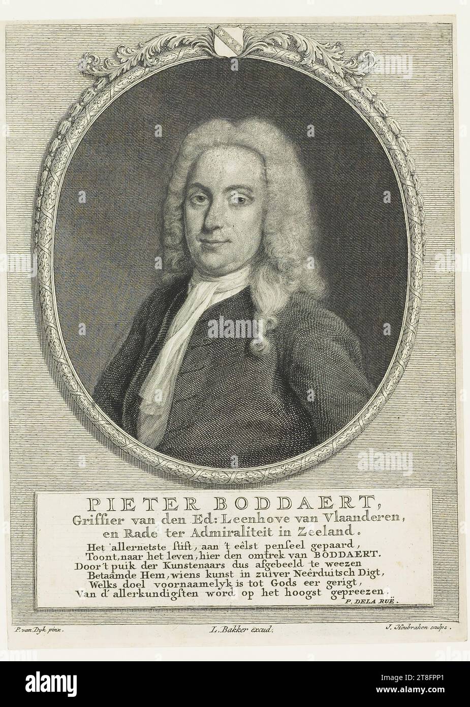 PIETER BODDAERT, Clerk of Ed: Leenhove van Vlaanderen, en Rade ter Admiraliteit in Zeeland, The very best marker, attached to the brush, Shows, to life, here the outline of BODDAERT., To be thus depicted by the very best of artists, Befitting him, whose art in pure Neo-German digt, Whose aim is foremost to God's glory, Of the most learned is praised at the highest, P. DELA RUË. P. van Dyk pinx. L. Bakker excud. J. Houbraken sculps Stock Photo